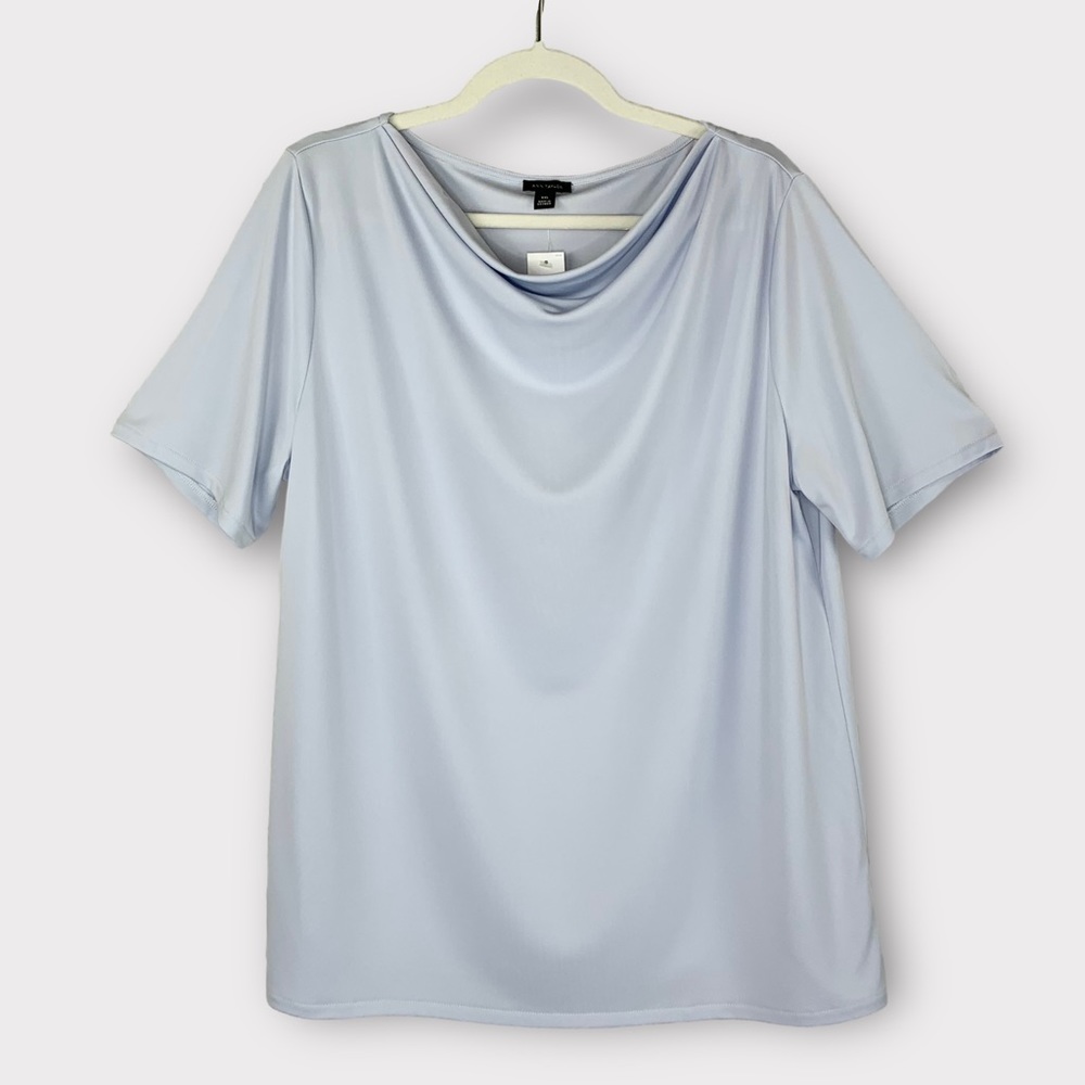 Ann Taylor pale blue drape neck blouse XXL short sleeve dressy chic elegant NWT
